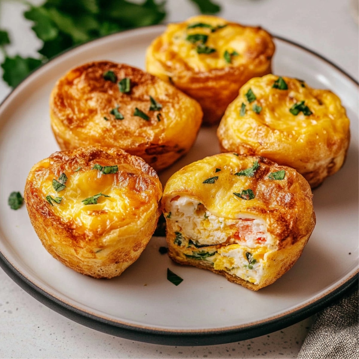 Homemade air fryer egg bites with golden tops, filled with cheese, spinach, and bell pepper, served on a white plate with fresh parsley.
