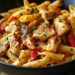 Homemade Louisiana chicken pasta with blackened chicken, creamy Cajun penne, red bell peppers, and fresh parsley garnish.