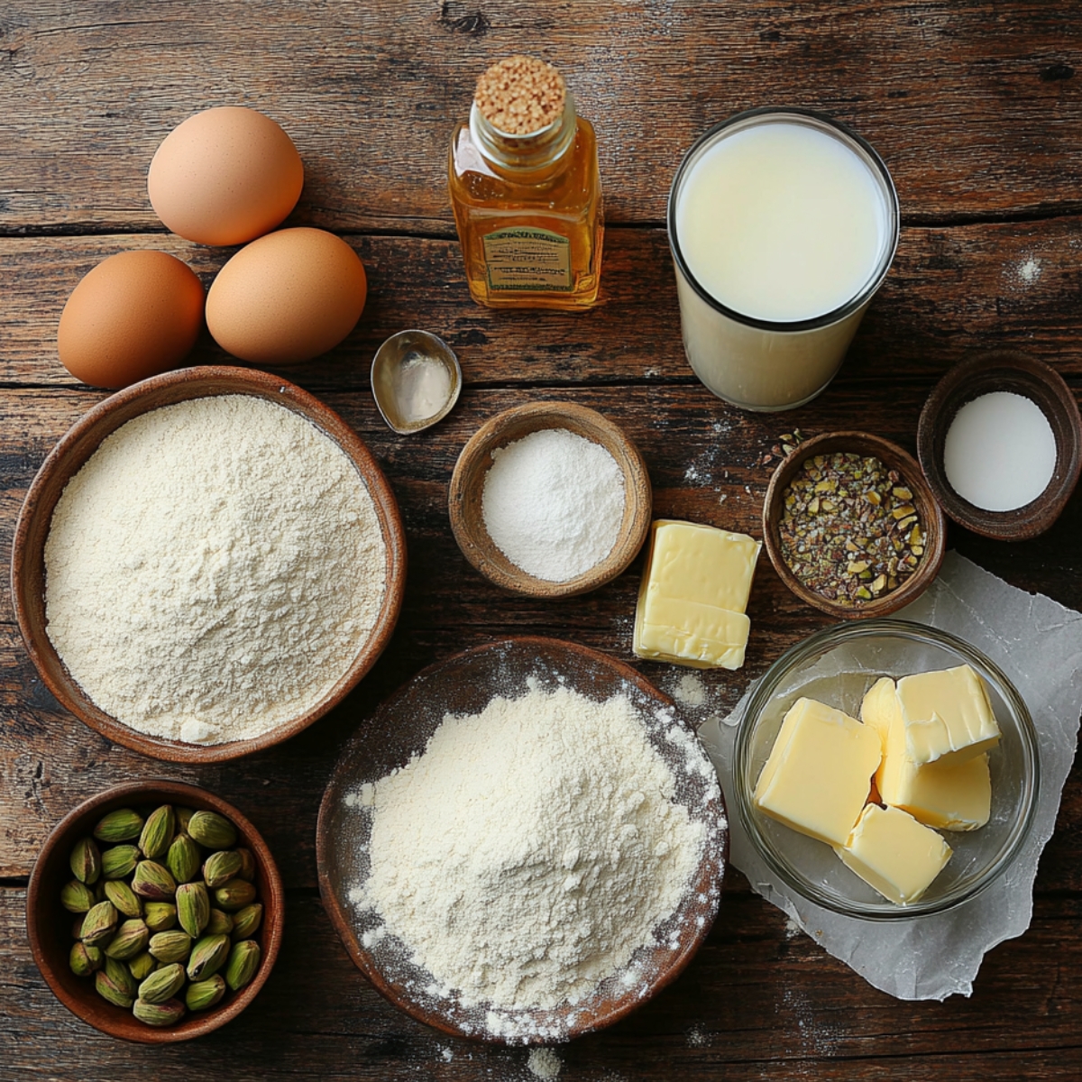 Top-down view of pistachio milk cake ingredients on a rustic wooden surface, including raw pistachios, flour, butter, sugar, eggs, baking powder, milk, vanilla, and ground cardamom — styled to look 100% real and homemade.