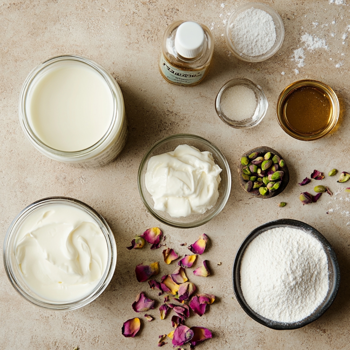 Real ingredients for pistachio milk cake topping and soak, including cream, pistachio extract, powdered sugar, rose petals, and chopped pistachios on a beige countertop in natural light.