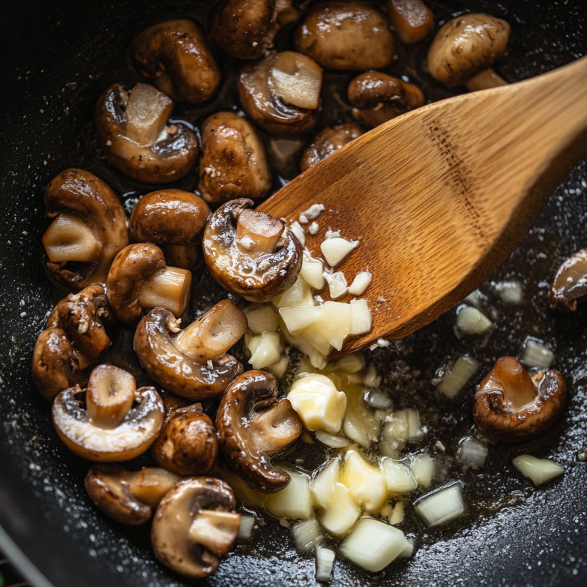 Sautéed mushrooms, onions, and garlic cooking in butter in a skillet, stirred with a wooden spatula.