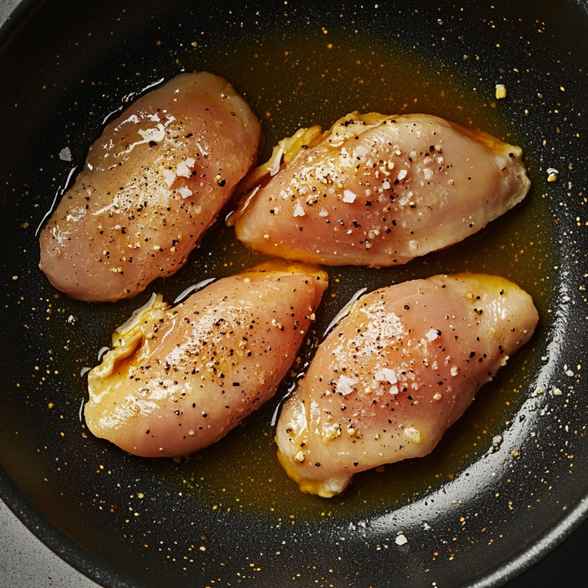 Raw chicken breasts seasoned with salt and pepper, arranged in a skillet with melted butter and oil, ready for cooking.