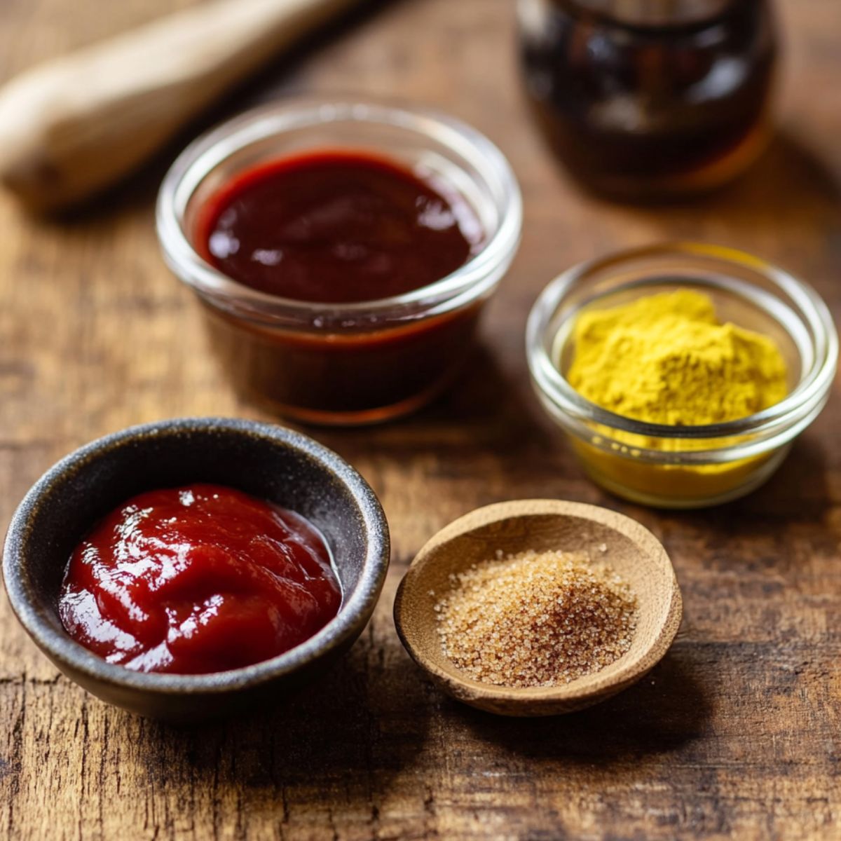 Glaze ingredients for homemade meatloaf on a rustic wooden surface—ketchup, brown sugar, mustard powder, and Worcestershire sauce in small bowls with warm, natural lighting.