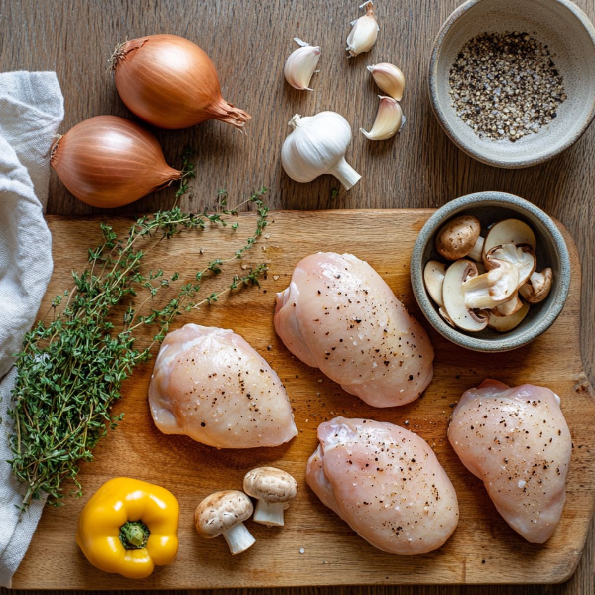 Fresh ingredients for creamy mushroom chicken on a wooden counter — seasoned raw chicken thighs, mushrooms, garlic, onions, thyme, and pepper.