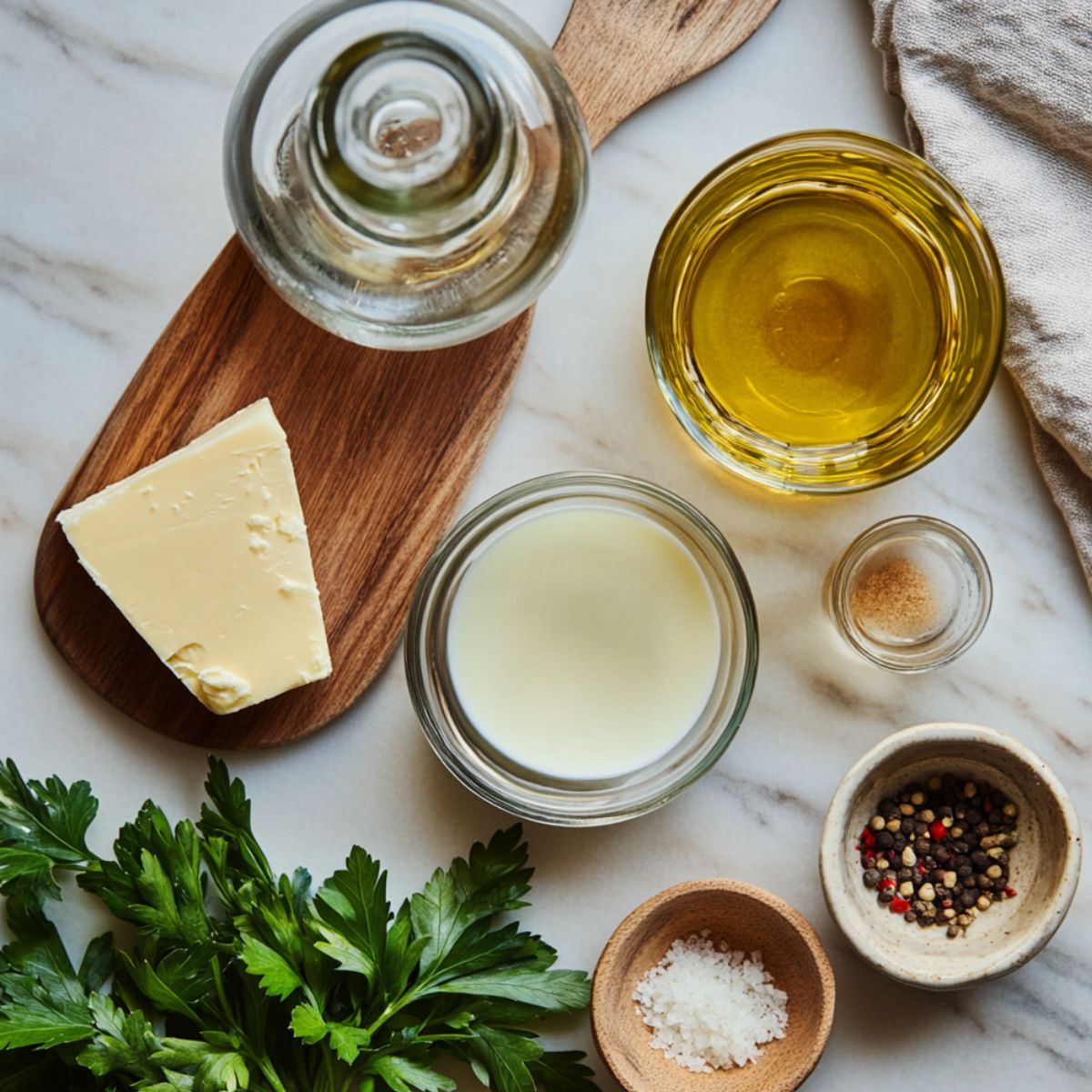 Creamy mushroom chicken ingredients on a marble counter — butter, olive oil, cream, white wine, garlic powder, parsley, salt, and pepper.