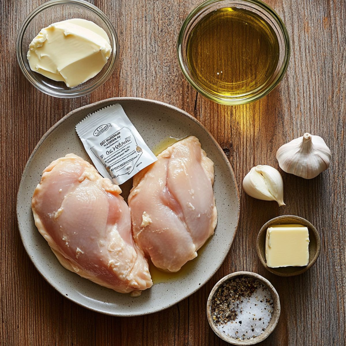 Raw chicken breasts with ranch seasoning, garlic, butter, oil, and spices on a wooden table.