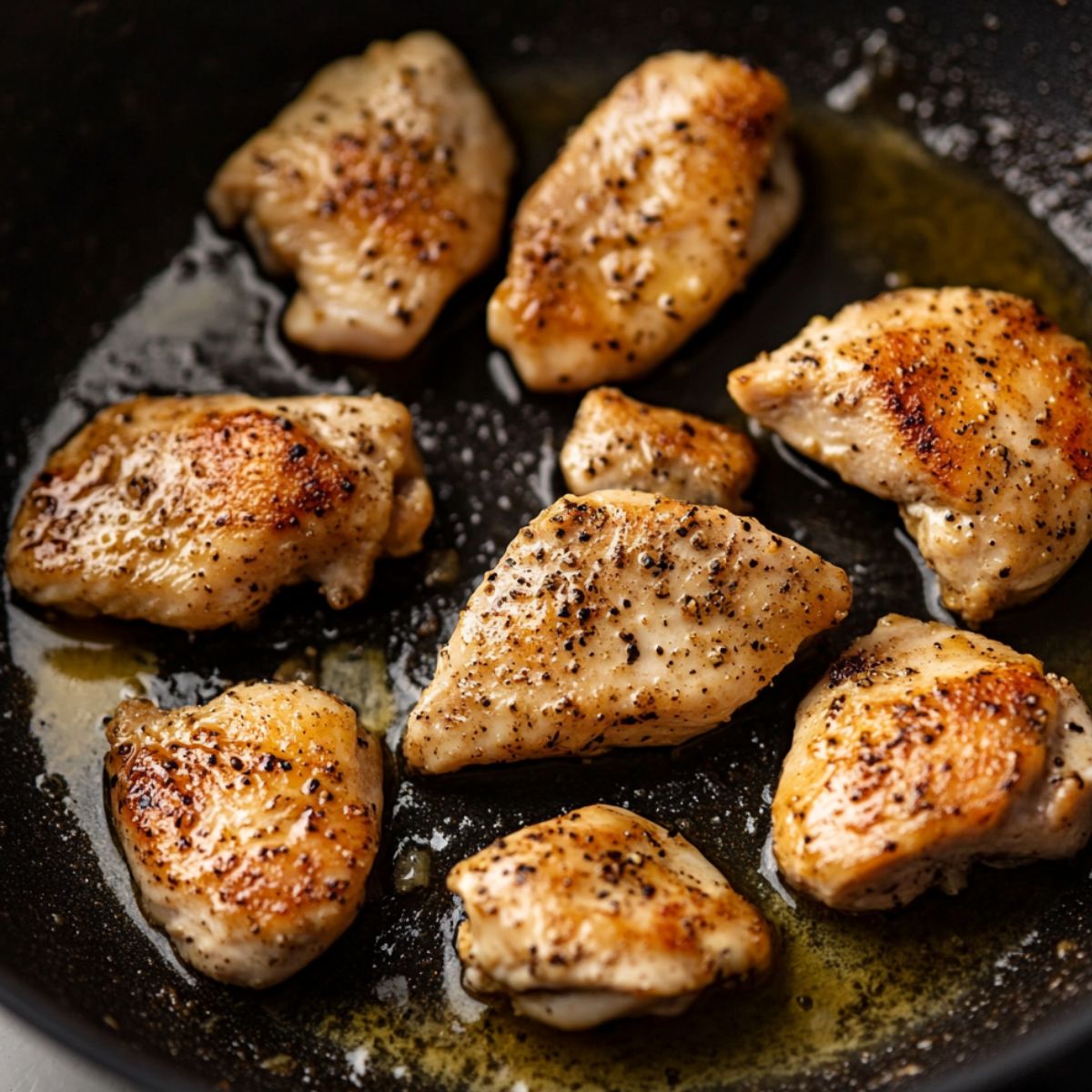 Seared chicken pieces cooking in a skillet, golden brown on the outside with visible black pepper and sizzling butter.
