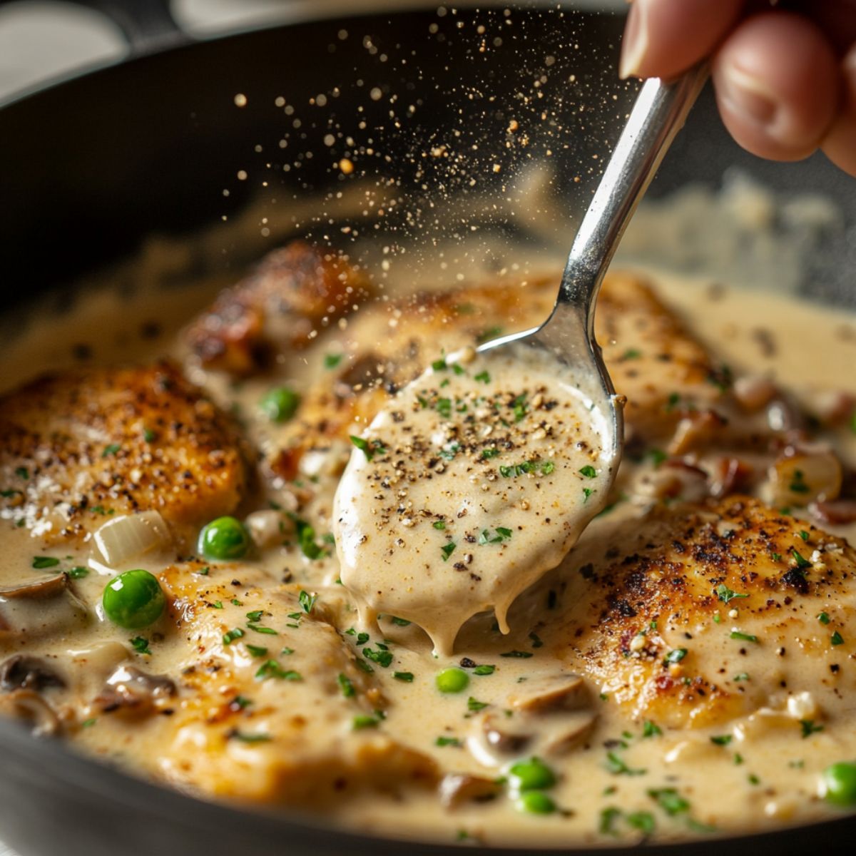 Creamy ranch chicken simmering in sauce with mushrooms, peas, and herbs, as black pepper is freshly sprinkled and a spoon lifts the thickened sauce.
