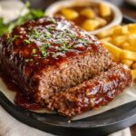 Homemade Cracker Barrel Meatloaf with rich barbecue sauce and topped with chopped parsley, sliced to reveal a moist interior. Served with golden fries and a bowl of potato gravy on a black plate with a rustic background.
