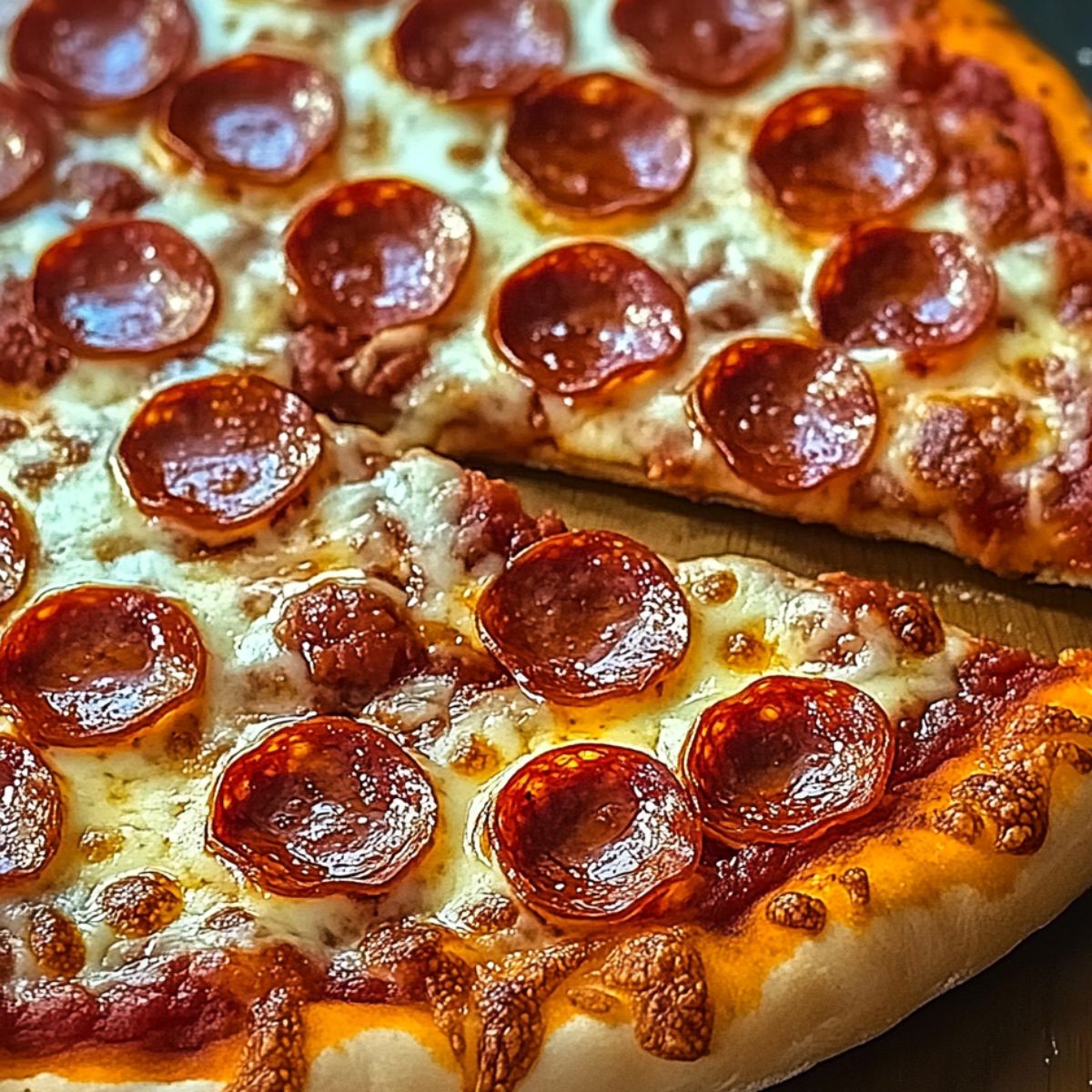 Homemade pepperoni pizza with a golden crust, melted mozzarella, rich tomato sauce, and crispy, curled pepperoni slices, fresh out of the oven on a wooden board.