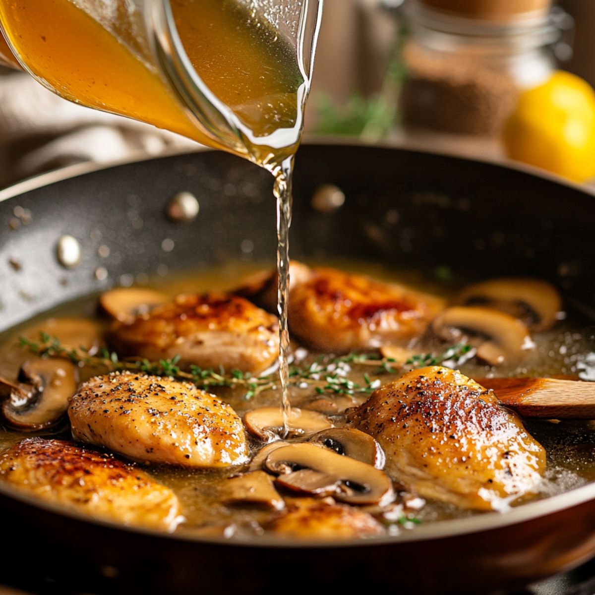 Seared chicken and mushrooms in a skillet as chicken broth is poured in, with thyme and pepper visible in a cozy home kitchen setting.