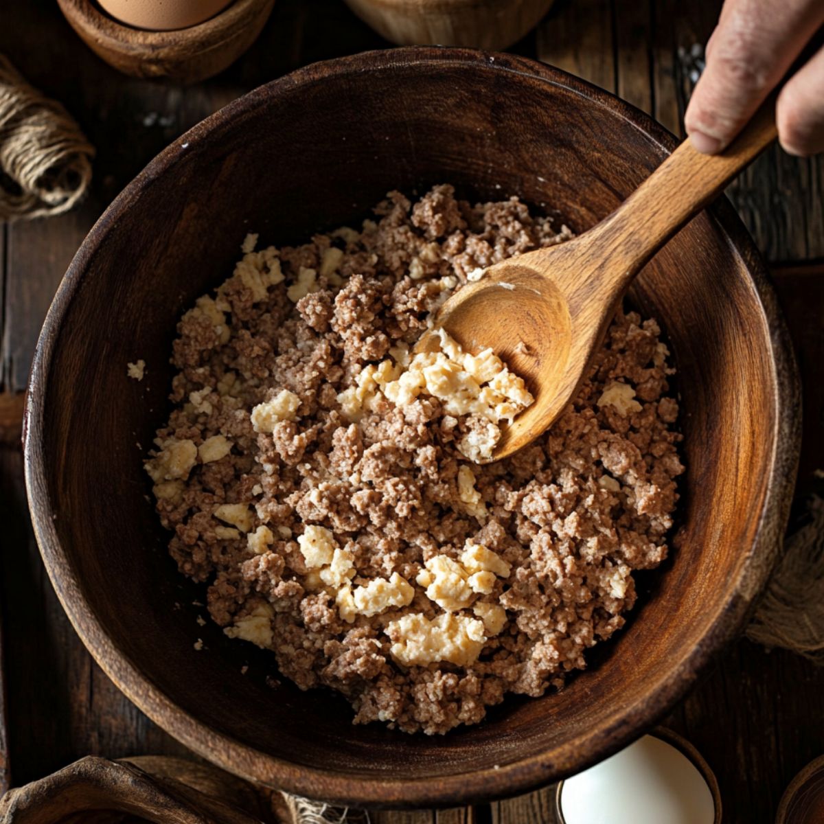 Ground meat and crushed crackers being mixed in a wooden bowl with a spoon, surrounded by eggs on a rustic wooden surface in warm, natural light.