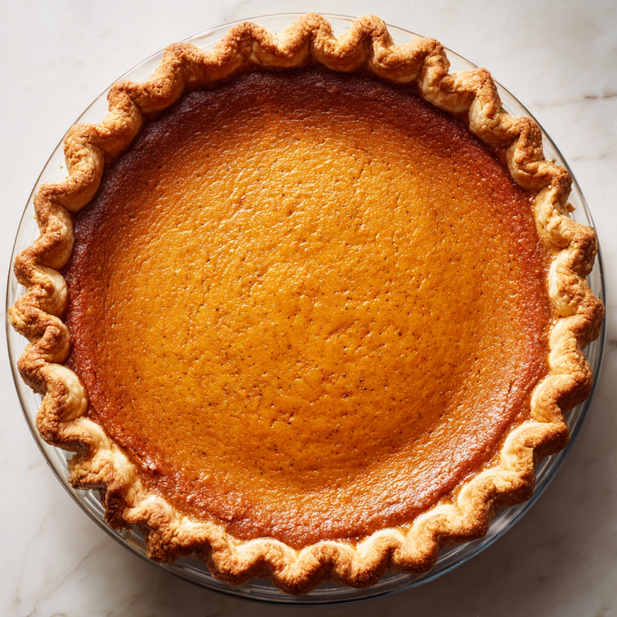 Top-down view of a homemade pumpkin pie with a golden, spiced filling and thick, crimped crust in a glass pie dish on a marble counter.