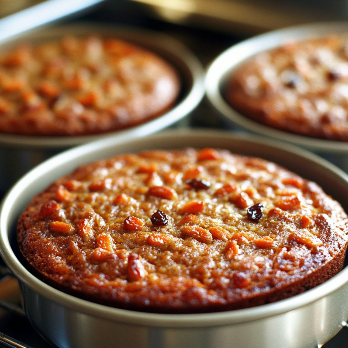 Freshly baked carrot cake layers in round metal pans, golden brown with visible carrot pieces and raisins on top, cooling on a rack.