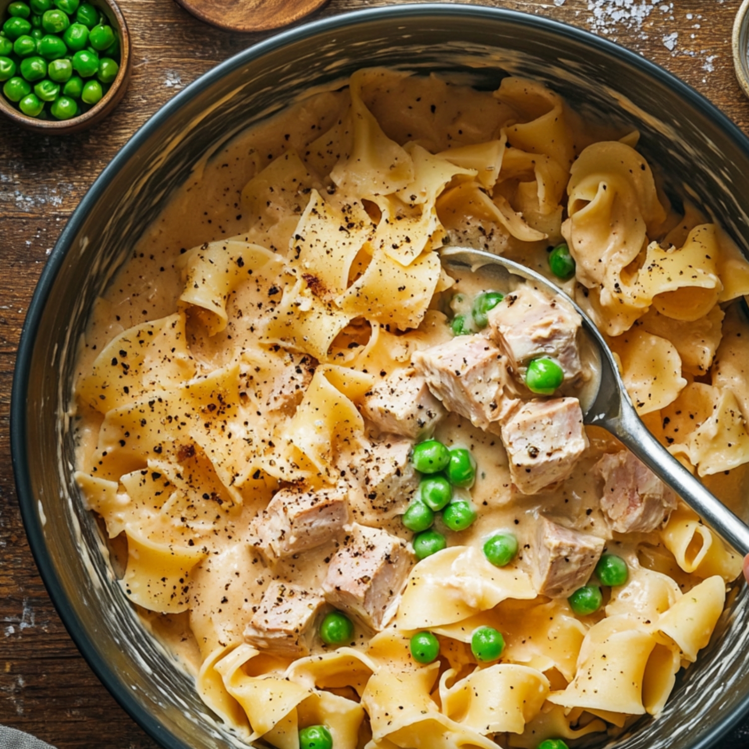 Creamy tuna noodle casserole mixture with egg noodles, peas, and chunks of tuna in a pot, ready to bake.