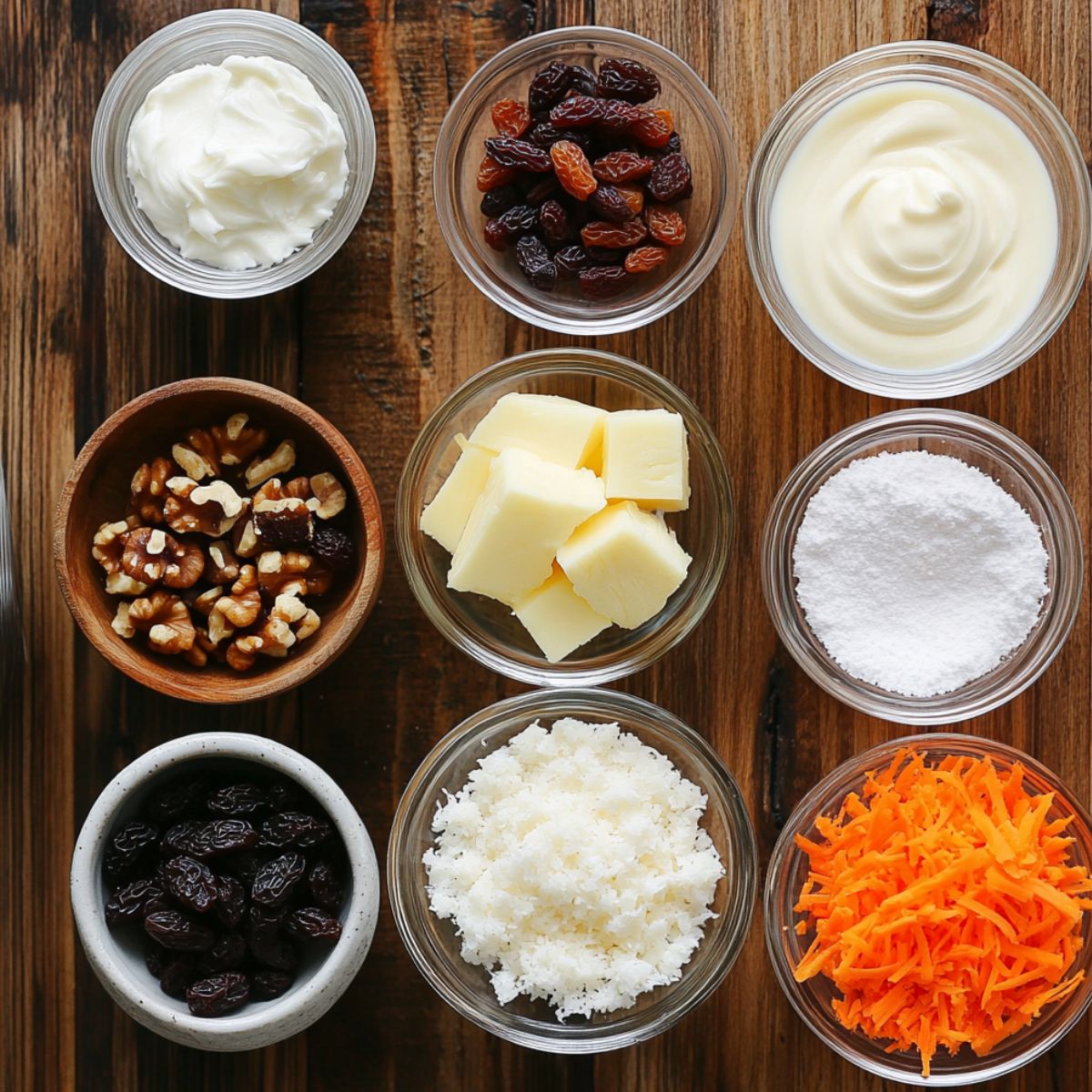 Carrot cake mix-ins and frosting ingredients in small bowls on a wooden table, including carrots, raisins, walnuts, coconut, butter, and cream cheese.