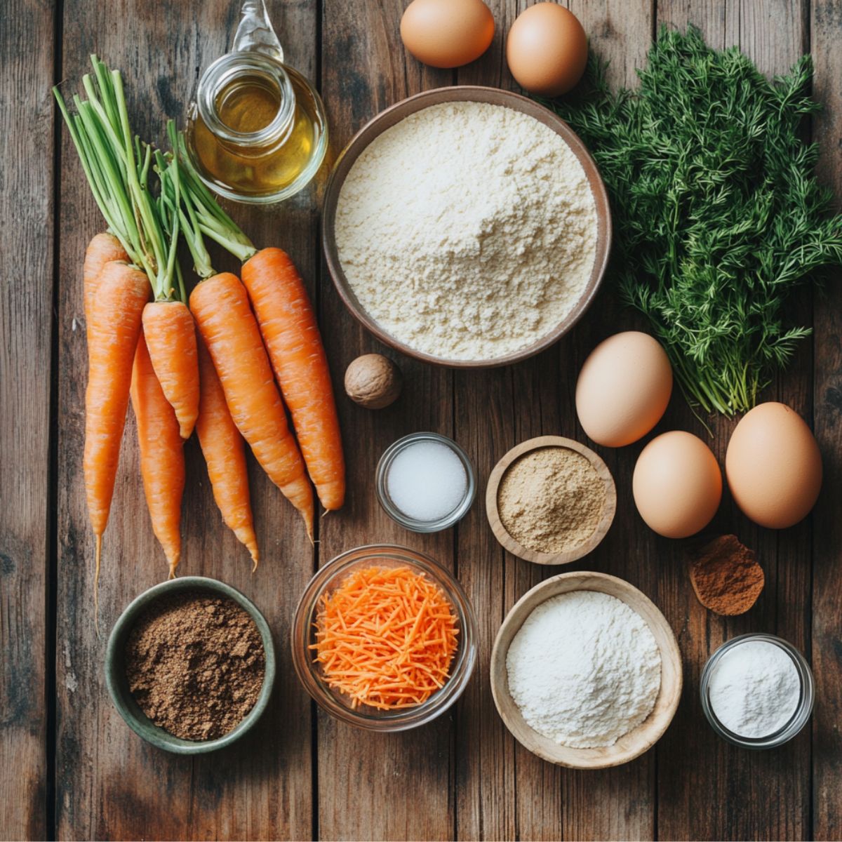Fresh carrot cake ingredients on a rustic wooden table, including whole and grated carrots, eggs, flour, oil, sugar, and warm spices.