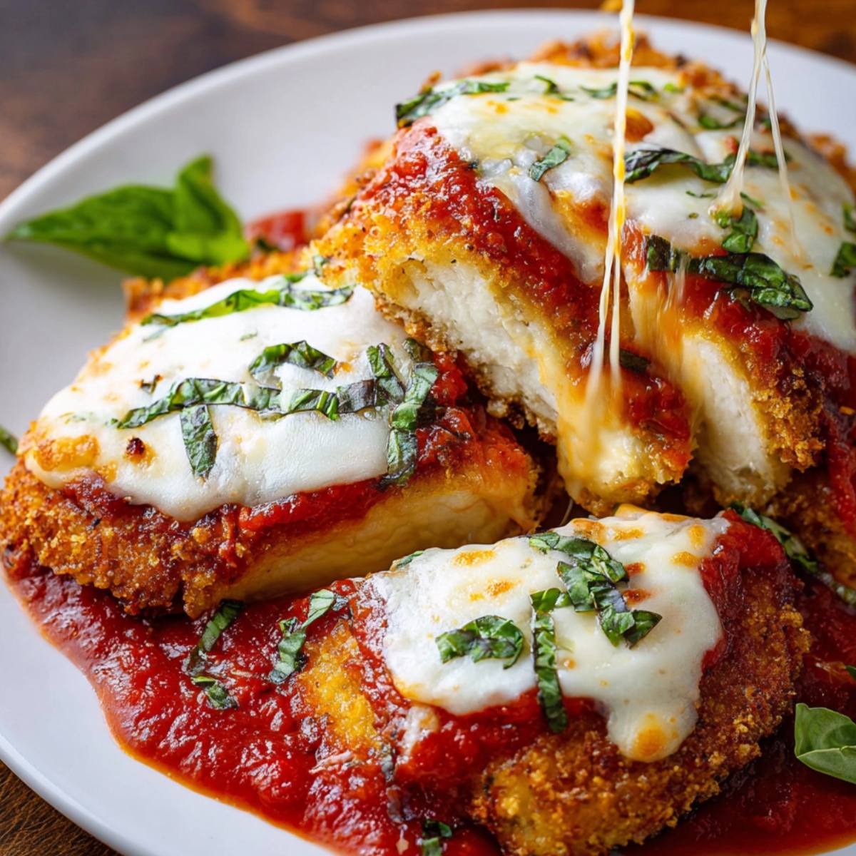 Homemade chicken parmesan recipe with crispy breaded cutlets, melted mozzarella, rich marinara, and fresh basil, with gooey cheese pulling from a sliced piece.