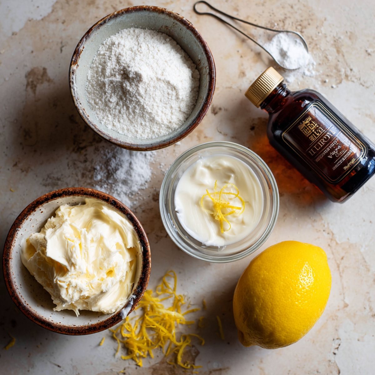 Cream cheese glaze ingredients on a rustic surface: cream cheese with lemon zest, powdered sugar, butter, vanilla extract, and a fresh lemon in soft natural light.