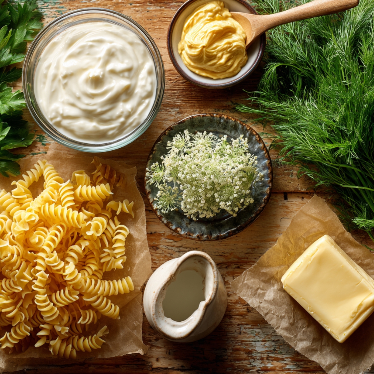Rustic wooden table with sour cream, Dijon mustard, heavy cream, butter, rotini pasta, fresh dill, parsley, and flowering dill, arranged for a homemade dish.
