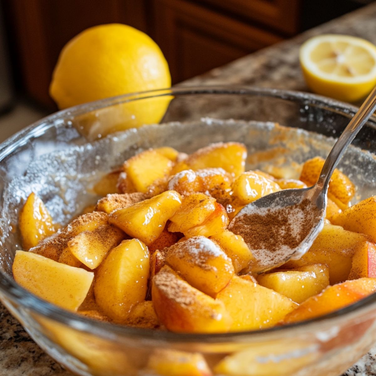 Peach slices tossed with cinnamon, sugar, and flour in a glass bowl, with a spoon mixing and lemons in the background on a kitchen counter.