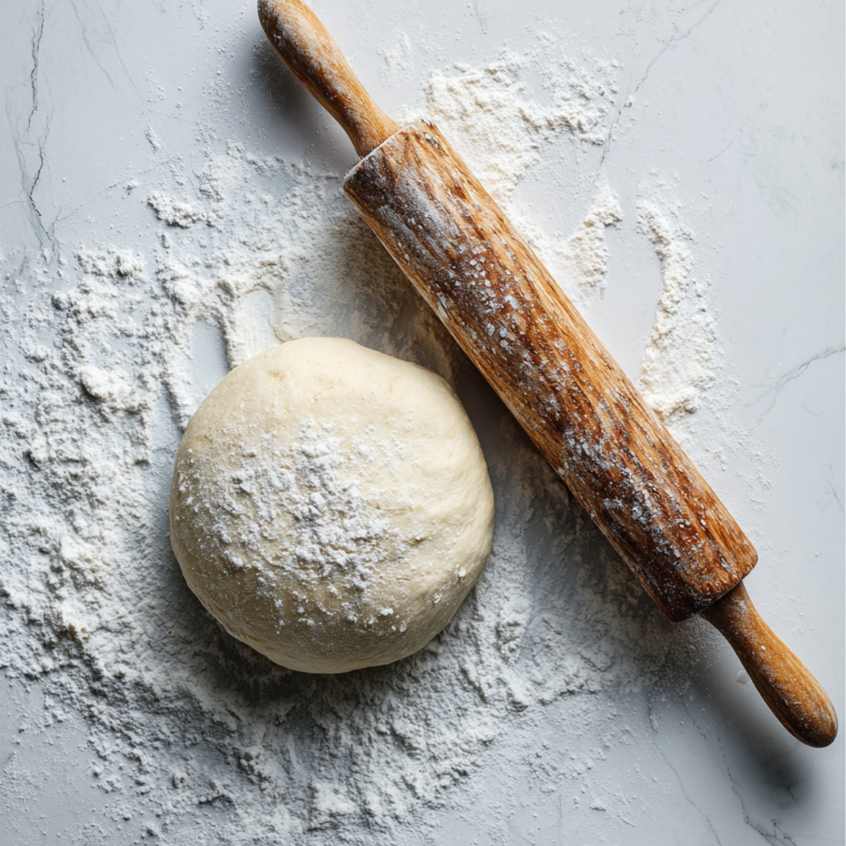 Ball of flour-dusted dough and a wooden rolling pin on a white countertop, surrounded by scattered flour in a cozy, homemade baking scene.