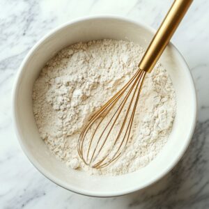 Mixing bowl with flour and a gold whisk on a marble countertop, showing dry ingredients being prepared for homemade waffles.
