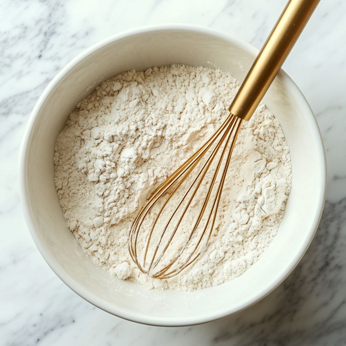 Mixing bowl with flour and a gold whisk on a marble countertop, showing dry ingredients being prepared for homemade waffles.