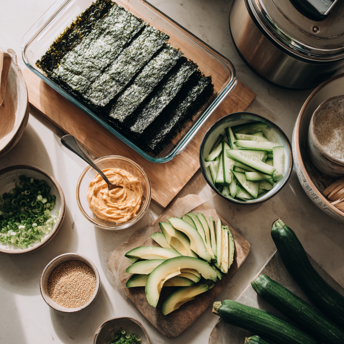 Sushi bake toppings including nori sheets, avocado slices, cucumber, spicy mayo, green onions, and sesame seeds arranged on a counter with mixing bowls and a rice cooker.