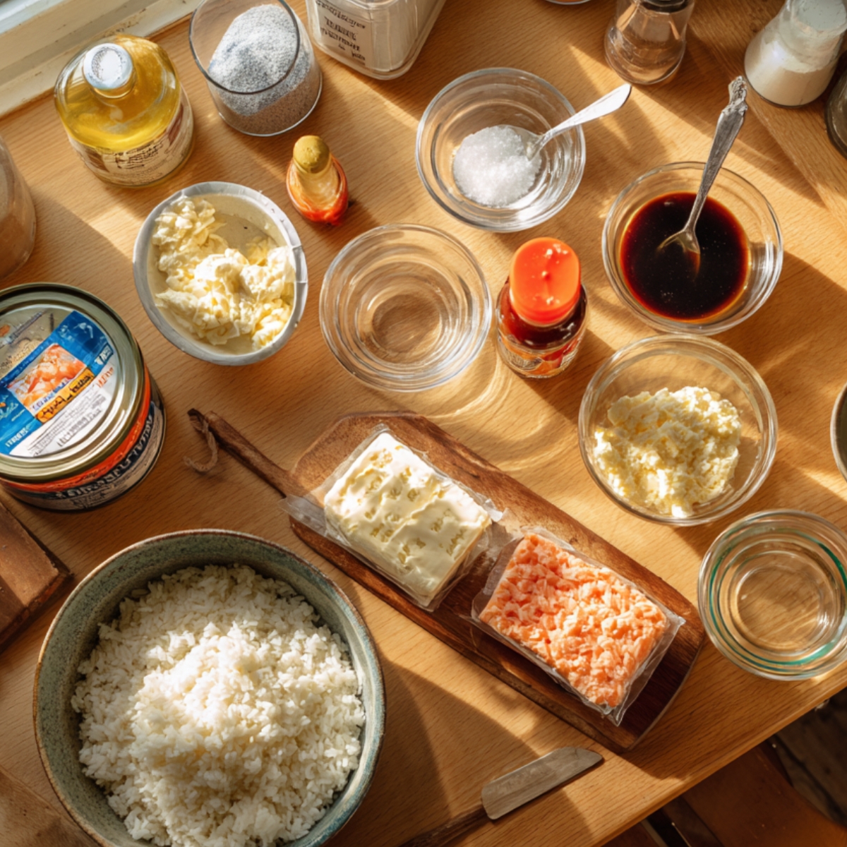 Homemade sushi bake ingredients with sushi rice, canned salmon, cream cheese, imitation crab, mayo, soy sauce, sugar, vinegar, and sriracha on a wooden surface.
