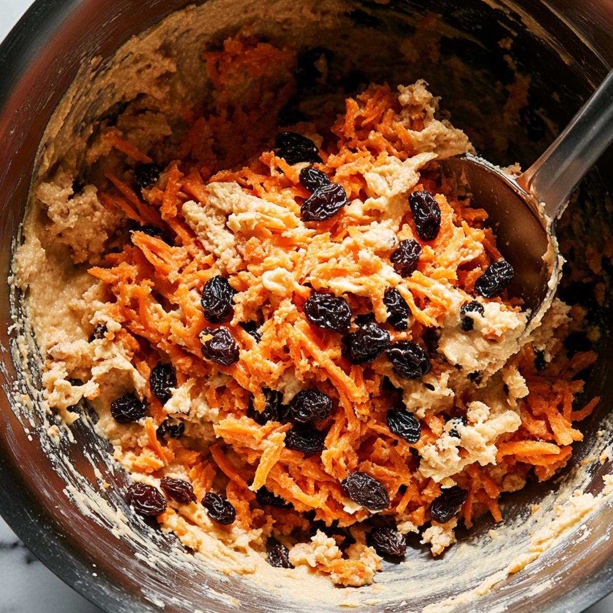 Carrot cake batter in a metal mixing bowl with shredded carrots and raisins being folded in using a large spoon.