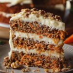Homemade carrot cake recipe slice with cream cheese frosting, chopped walnuts on top, and visible carrot bits, served on a black plate with a fork.
