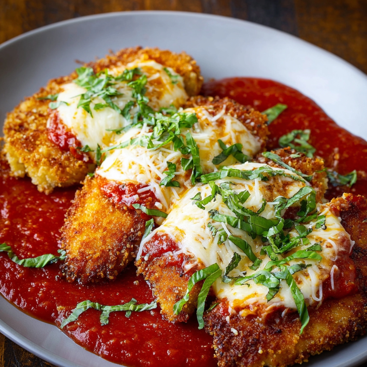 Homemade Chicken Parmesan Recipe with crispy golden cutlets, melted mozzarella, rich marinara sauce, and fresh basil on a gray plate.