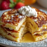 A stack of golden-brown, fluffy cottage cheese pancakes with crispy edges sits on a decorative plate. A pat of cream melts on top, while syrup oozes from a cut section. Fresh strawberries are blurred in the background, adding a cozy, homemade feel.