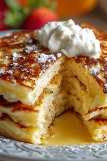 A stack of golden-brown, fluffy cottage cheese pancakes with crispy edges sits on a decorative plate. A pat of cream melts on top, while syrup oozes from a cut section. Fresh strawberries are blurred in the background, adding a cozy, homemade feel.