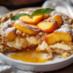 Homemade peach cobbler with creamy filling, fresh glazed peach slices, crumbly golden crust, and a dusting of powdered sugar, served in a white dish.