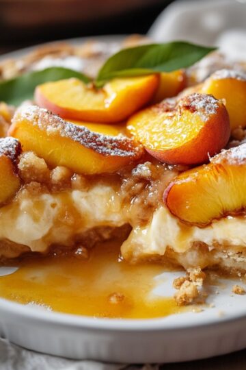 Homemade peach cobbler with creamy filling, fresh glazed peach slices, crumbly golden crust, and a dusting of powdered sugar, served in a white dish.