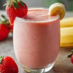 Homemade strawberry banana smoothie in a clear glass, topped with a fresh strawberry and banana slice, with whole fruits in the background on a kitchen counter.