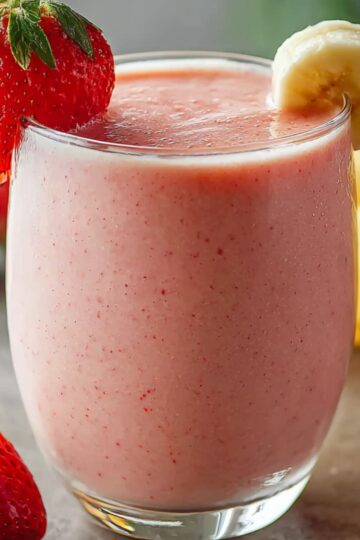 Homemade strawberry banana smoothie in a clear glass, topped with a fresh strawberry and banana slice, with whole fruits in the background on a kitchen counter.