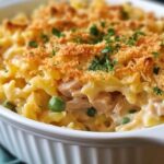 Homemade tuna noodle casserole in a white baking dish, topped with golden breadcrumbs and parsley, with creamy noodles, tuna chunks, and green peas.