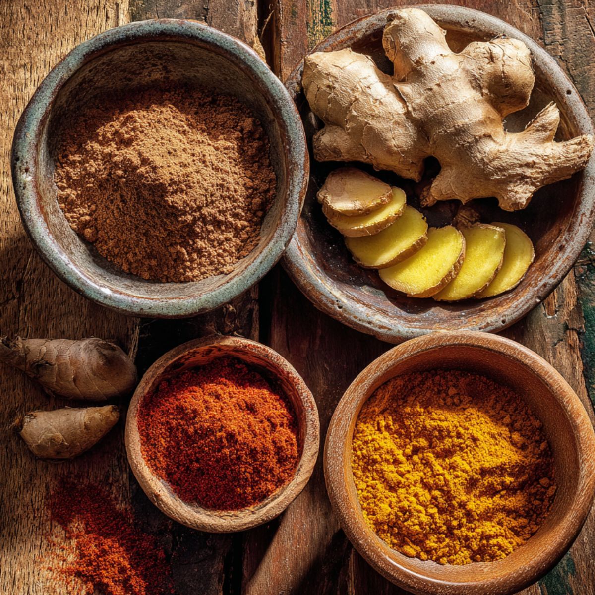 Real, homemade spice ingredients for an apple cider vinegar drink: ground cinnamon, fresh ginger root (whole and sliced), cayenne pepper, and turmeric powder in rustic bowls on a wooden surface.