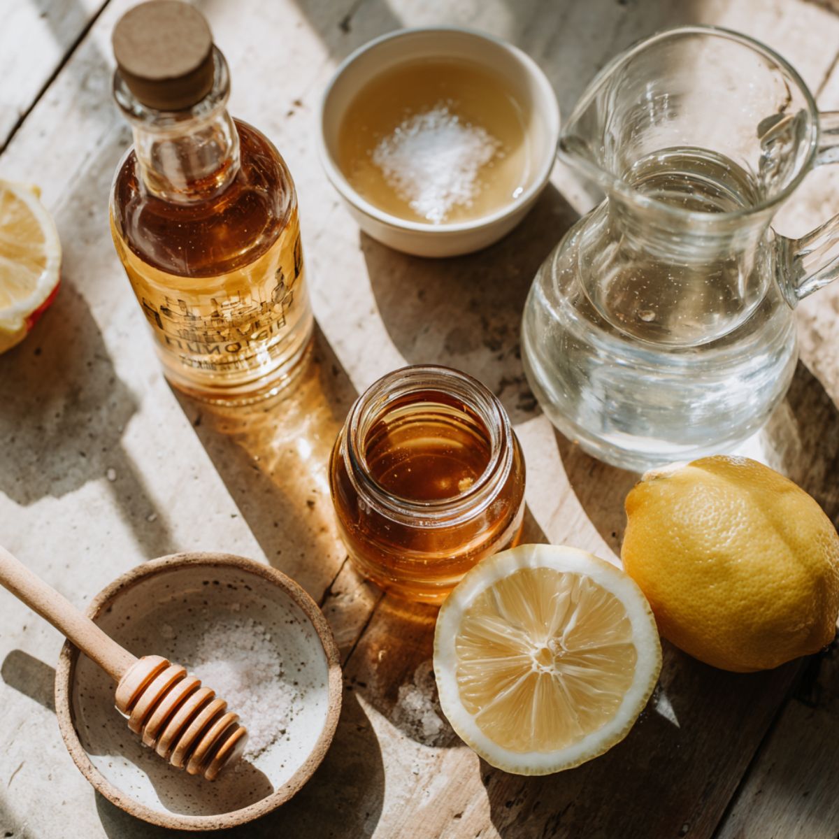 Real, homemade ingredients for apple cider vinegar drink: vinegar, honey, lemon, water, and sea salt arranged on a rustic wooden table in natural sunlight