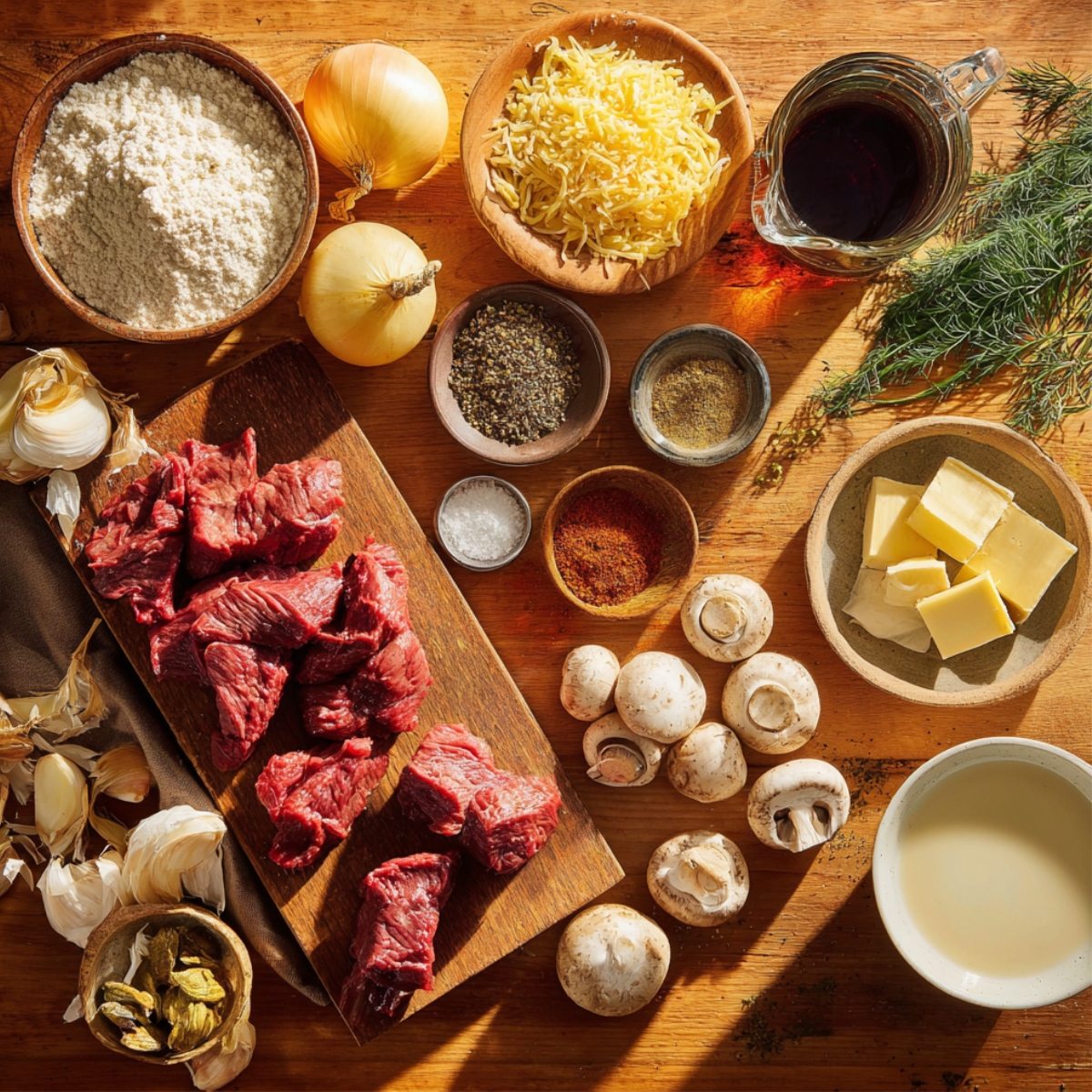 A rustic kitchen countertop with fresh ingredients for homemade beef stroganoff: raw beef chunks on a cutting board, flour, onions, garlic, mushrooms, butter, spices, dill, shredded cheese, and a glass of broth or wine, all lit by warm natural light.