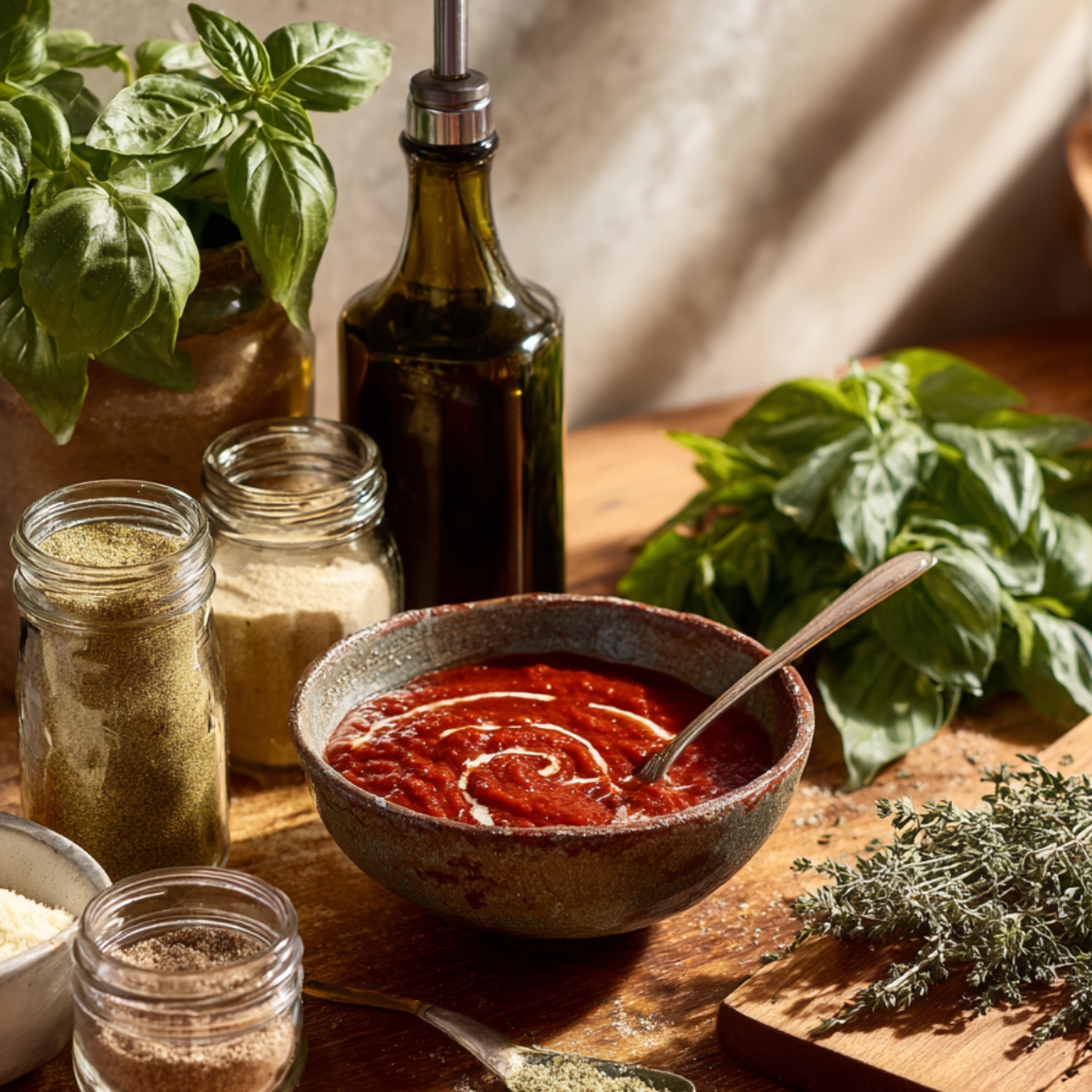 Bowl of marinara sauce with olive oil, surrounded by fresh basil, spices, and herbs on a rustic wooden kitchen counter.