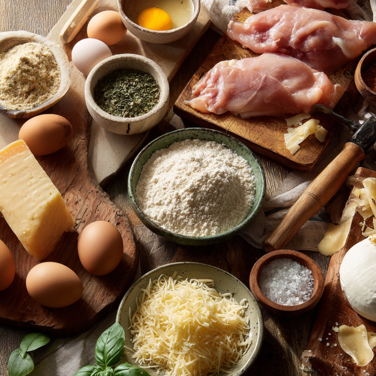 Ingredients for homemade chicken parmesan, including raw chicken breasts, eggs, flour, breadcrumbs, parmesan, mozzarella, herbs, and fresh basil on a rustic wooden surface.