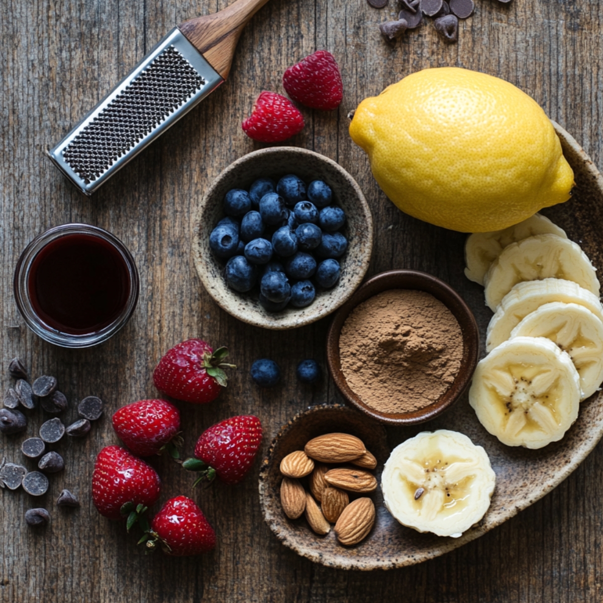 Assorted pancake add-ins on a rustic wooden table, including banana slices, berries, almonds, chocolate chips, ground cinnamon, vanilla extract, and a whole lemon with a grater.