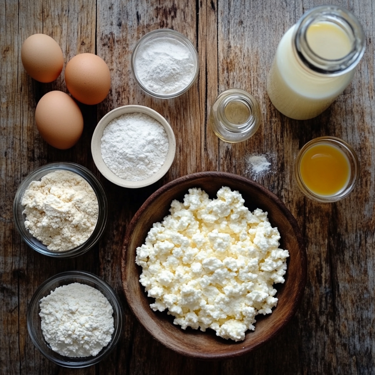 Ingredients for cottage cheese pancakes arranged on a rustic wooden surface, including cottage cheese, eggs, flour, milk, vanilla extract, honey, and baking powder in small bowls and jars.