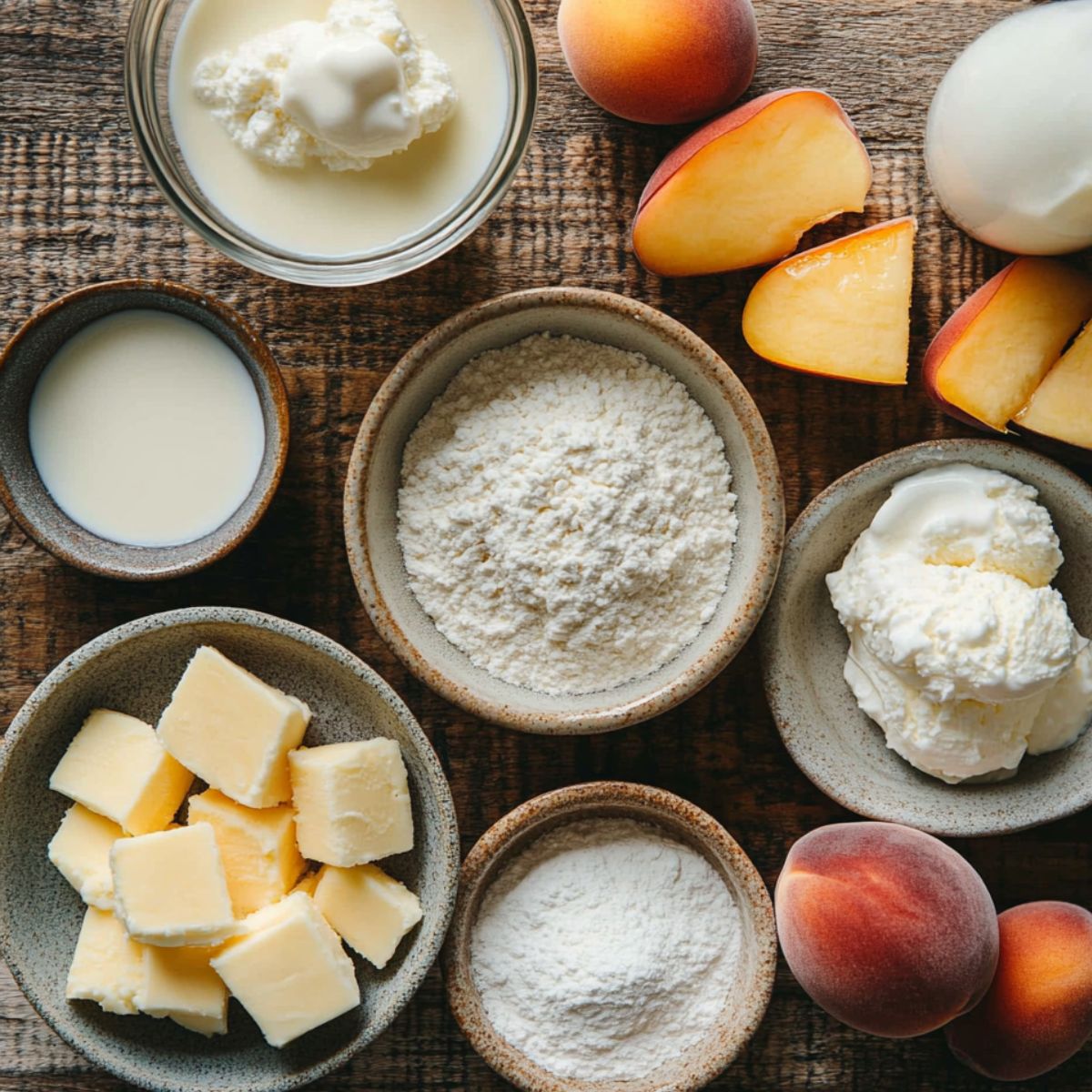 Peach cobbler ingredients on a wooden surface, including flour, butter cubes, milk, cream, vanilla ice cream, and fresh sliced peaches.