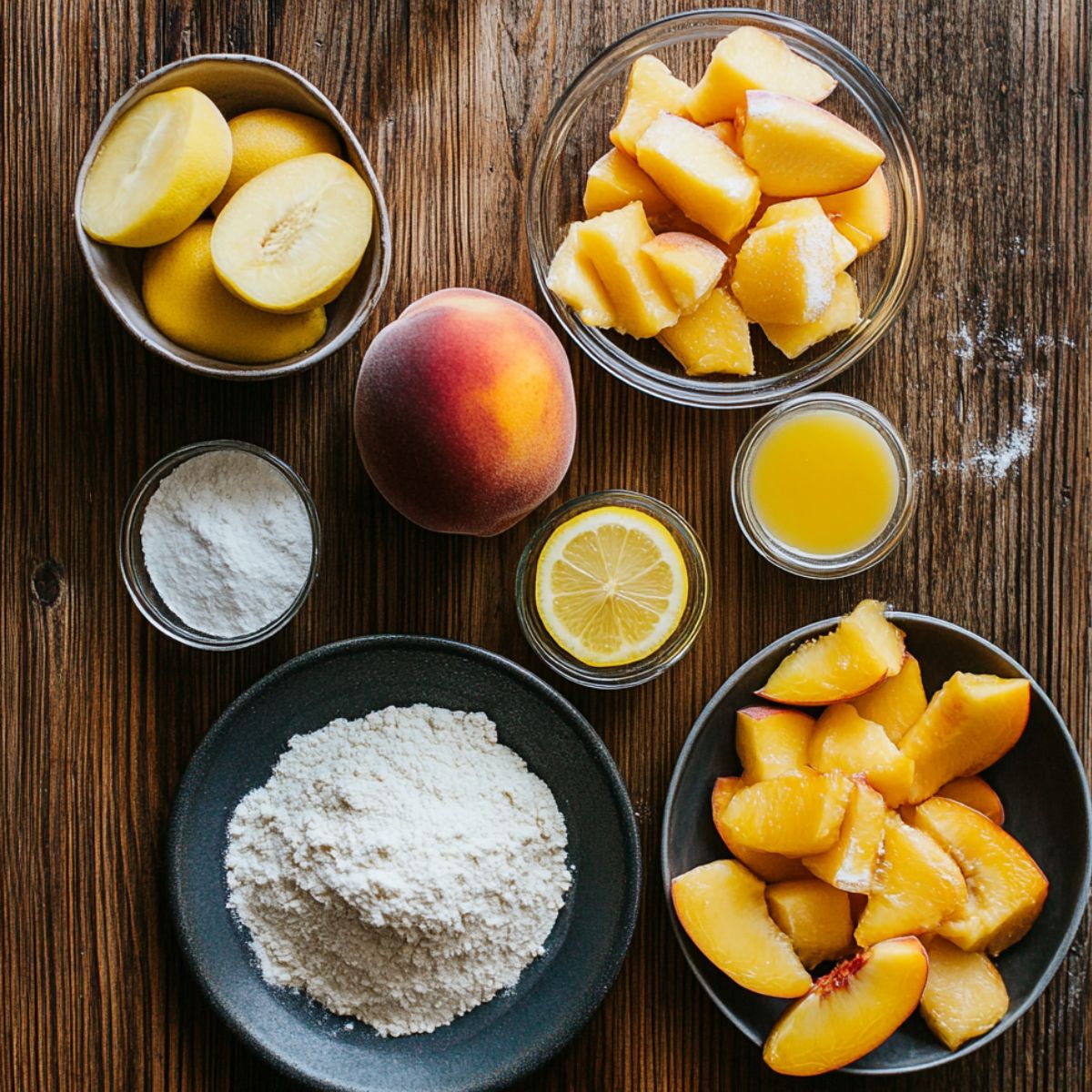 A top-down view of fresh and canned peaches, flour, lemon juice, and sugar arranged on a rustic wooden table, ready for making homemade peach cobbler.