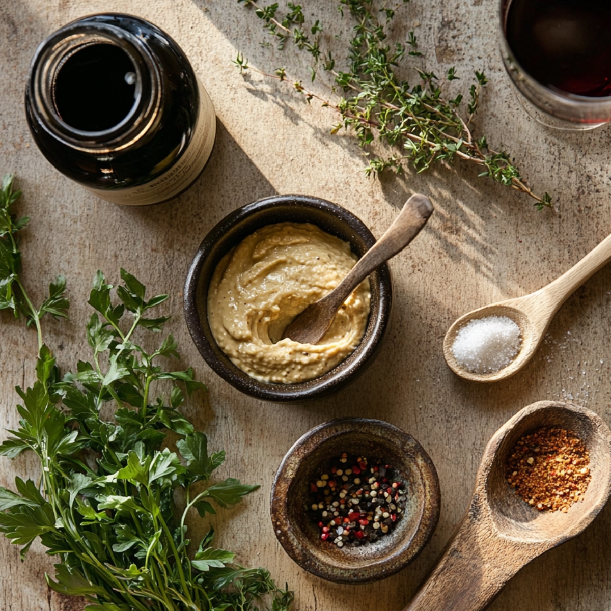 Steak marinade ingredients on a rustic counter: Dijon mustard, fresh herbs, pepper flakes, salt, mixed peppercorns, red wine, and a dark sauce bottle.